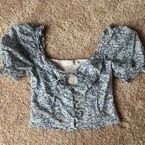 Astr Blue Puff Sleeve Crop Blouse